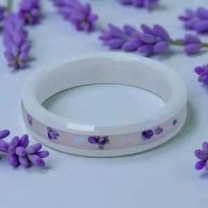 Venus Rings Forget Me Not Glow Ring Women's White Ceramic Band with Real Pressed Purple Flowers & Blue Glow Inlay Hypoallergenic & Scratch-Resistant