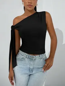 Women's Elegant Chic Asymmetric Neck Slim Fit T-Shirt, Adjustable Shoulder Straps, Bow Strap, Short Sleeve, All Seasons, Perfect Gift