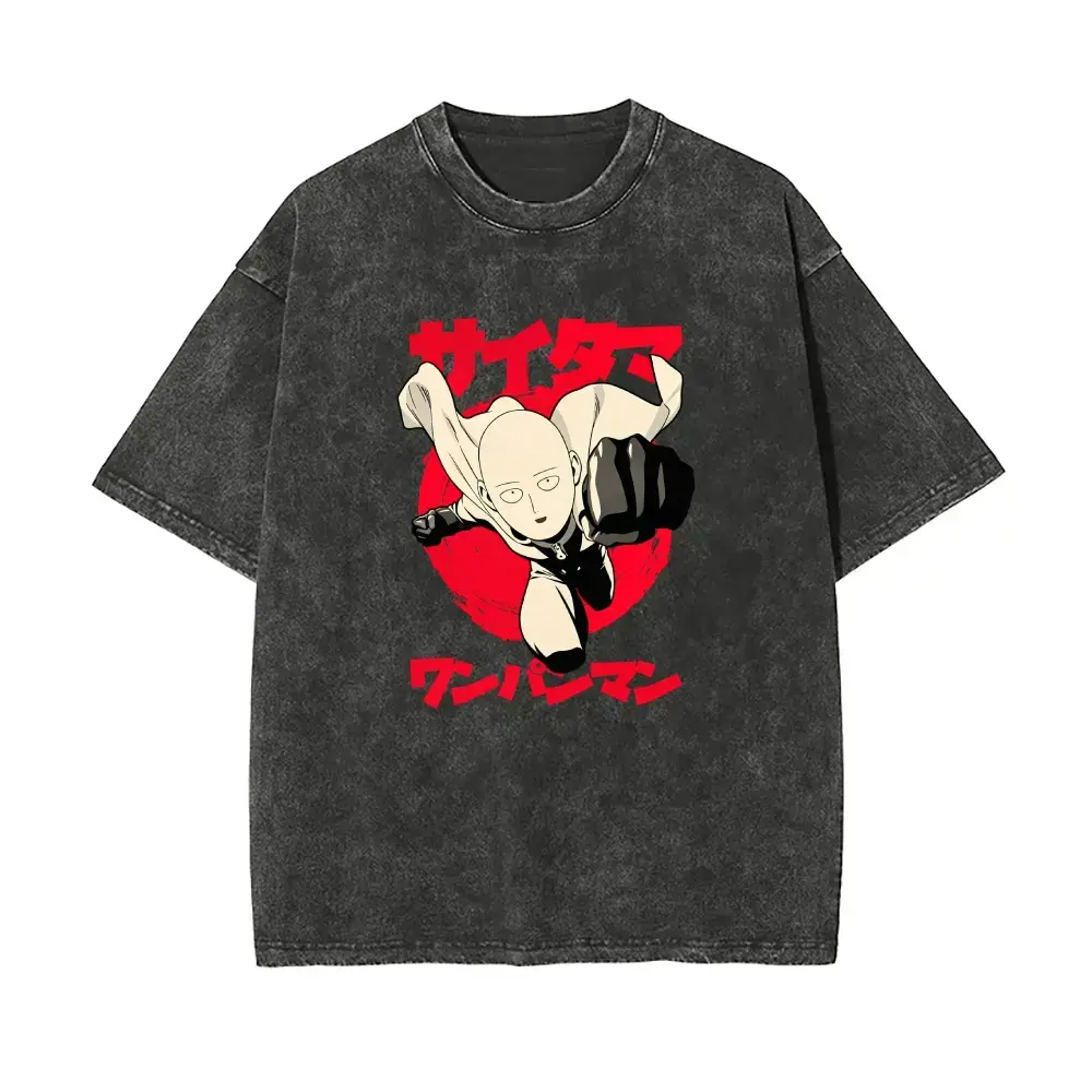 One Punch Man Saitama Anime Graphic Washed T-Shirt Men Clothing Retro Washed Cotton T-Shirt S 4XL 5XL Unisex Couple T-shirts Kove Clothing Tshirt Menswear Casual