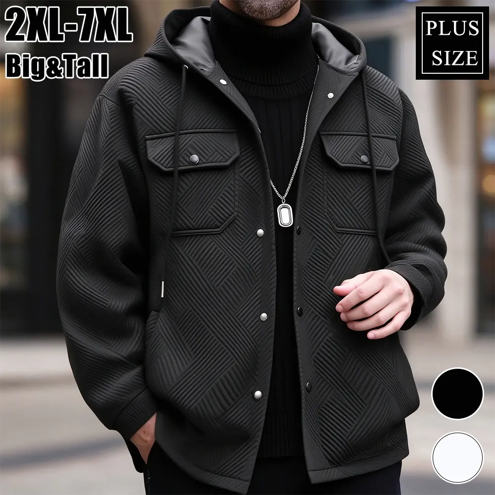 【2XL-7XL】Men’s plus-size jacquard hooded shirt jacket, black drawstring hood, geometric embossed jacquard fabric, flap chest pocket; loose drop-shoulder long-sleeve shirt jacket, suitable for versatile everyday streetwear and outdoor casual wear