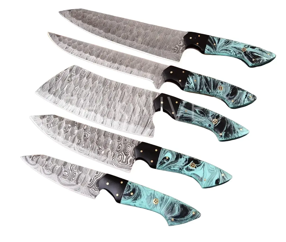 AjSanity Handmade Damascus Steel 5 Piece Kitchen Knife Set High Performance Chef Cutlery Set