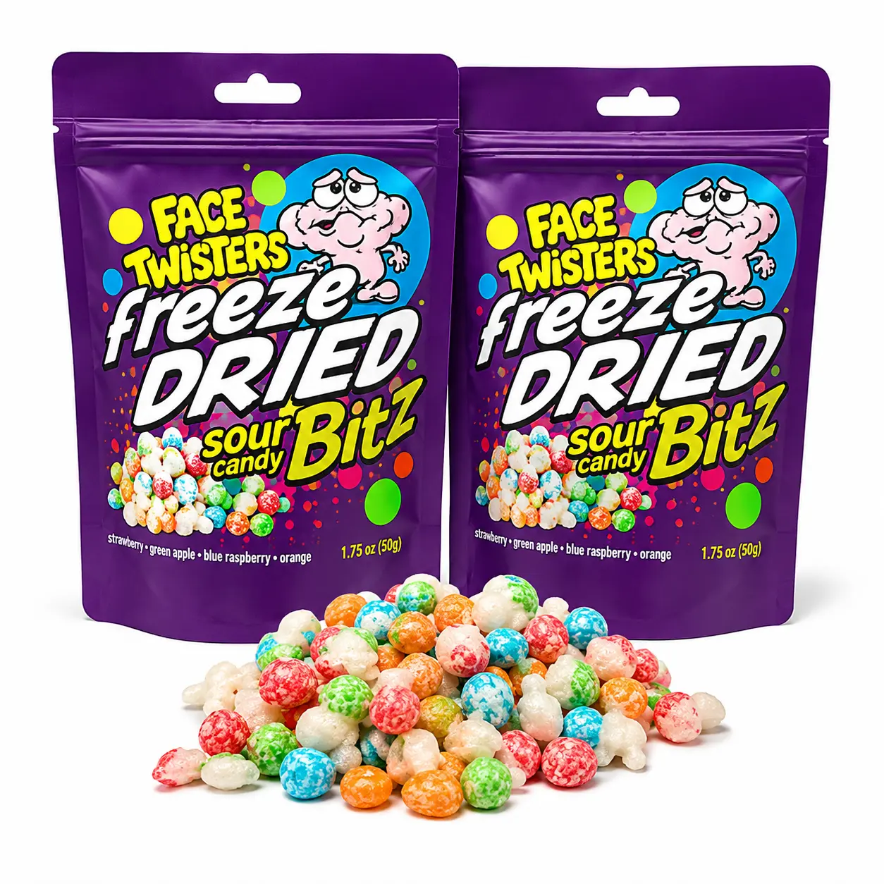 Face Twisters Freeze Dried Sour Candy Bitz 1.76oz Bags (Pack of 2) - Four Sour Fruity Flavors (Green Apple, Blue Raspberry, Strawberry & Orange)