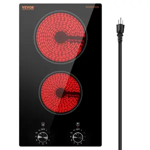 fathersdaygift  VEVOR Electric Cooktop, 12 inch 2 Burners Built-in Electric Stove Top, 1800W Ceramic Top Radiant Cooktop, with Glass Panel, Knob Control, 11 Heat Levels, 120V, for Diverse Cooking Requirements