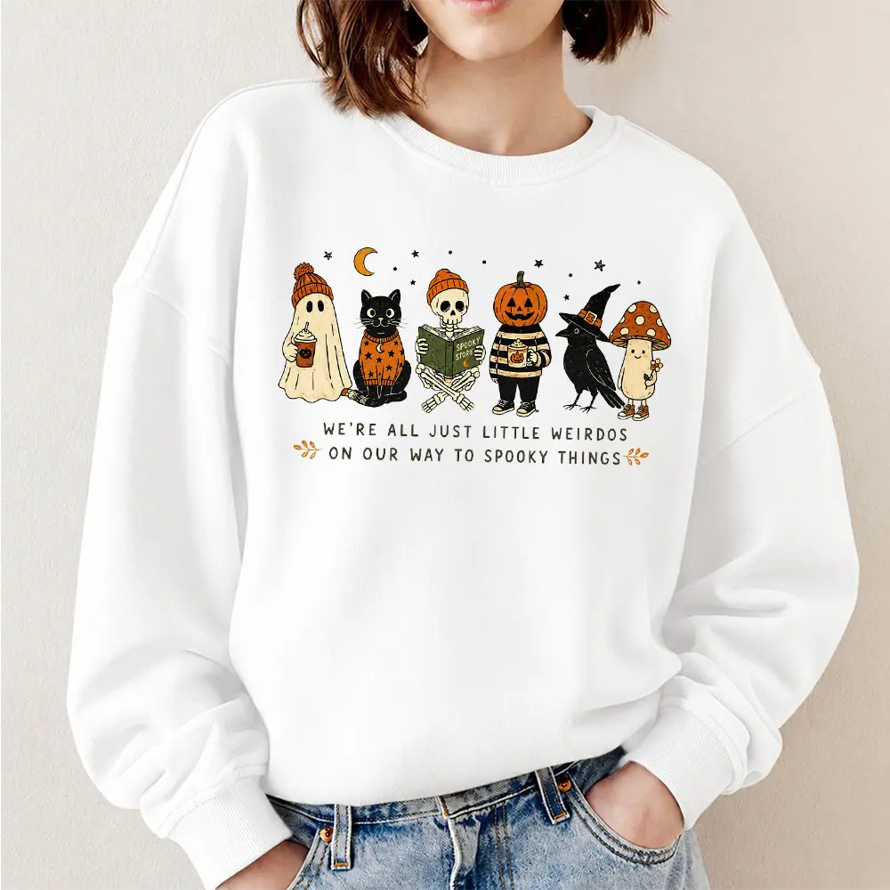Ghost Cat Skeleton Crow Mushroom Halloween Sweatshirt, Cute Spooky Graphic Crewneck, Cozy Autumn Fall Pullover, Halloween Gift for Women