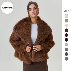 KatchMe Women's Elegant Oversize Solid Color Wide Lapel Snap Closure Fuzzy Thermal Outerwear, Fall & Winter Long Sleeve Outerwear (US)