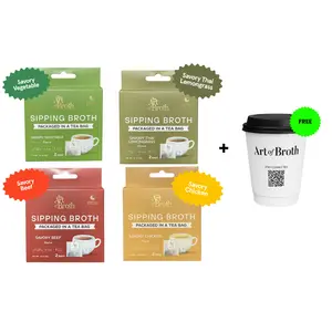 The Art of Broth Sampler Pack | 8 Single-Serve Broth Bags | 4 Flavors | Biodegradable Tea Bag | Chicken Beef Vegetable Thai Lemongrass | Satisfies Hunger | Calming Healthy Snack | Bone Broth Alternative | Plant-Based | No Caffeine | Unparalleled Flavor Fo