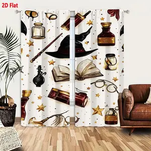 2D Flat Wizarding Magical Theme Curtain 2-Piece Set, Window Curtain, Harry Potter Style Enchanted Spellbook Wand Potion Pattern, Off-White Background with Gold Stars, Dark Red Ink Bottles & Wands, Seamless Whimsical Magic Decor for Bedroom
