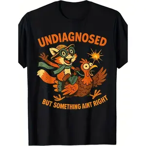 Men'S Funny "Undiagnosed But Something Ain't Right" Graphic T-Shirt | Retro Cartoon Raccoon and Rooster Design, Humorous Medical Parody, Comfortable Casual Short Sleeve Tee for Casual Attire, All-Season Comfort Fit