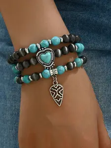 3-Piece Boho Turquoise Beaded Bracelet Set, Handmade Multi-Layer Ethnic Style Jewelry, Geometric Hollow Pendant Design, High Quality Bracelet