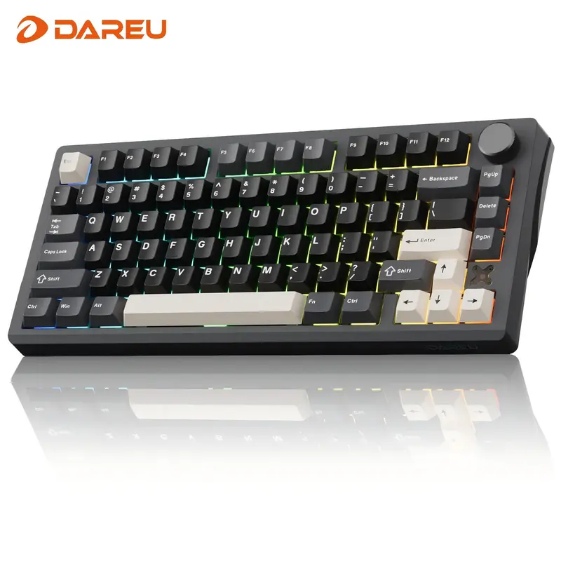 DAREU FLEX75 75% Layout Compact Wireless Mechanical Gaming Keyboard with Knob, Aluminum Plate, Gasket Mount, Tri-Mode, Hot Swap, PBT Keycaps, ARGB Backlit, for Work & Gaming, Compatible with Mac/Win, ARGB Keyboards, Gaming Keyboards