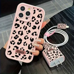 Leopard Print iPhone Case Set with 5 Cases, 1 Charger Sleeve, 2 Cable Protectors, & 1 Storage Rope, Fits iPhone 15/14/13/12/11/16 Series