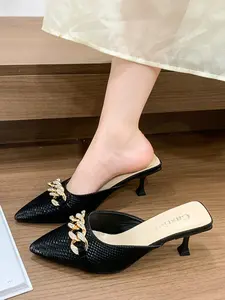 Women's Rhinestone Chain Buckle Pointed Toe High Heel Sandals, Fashion Snake Print, Slip-On, Casual Street Style, Versatile Women's Shoes