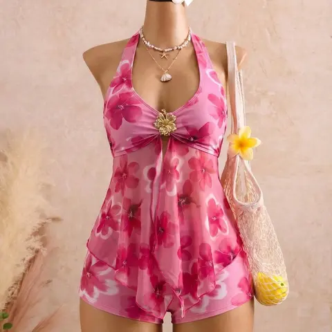 Gradient Floral Halter-Neck V-Neck Bikini with Metal Buckle & Mesh Skirt Bottom Split, Stylish Two-Piece Swimwear Set for Beach Bikini Sets