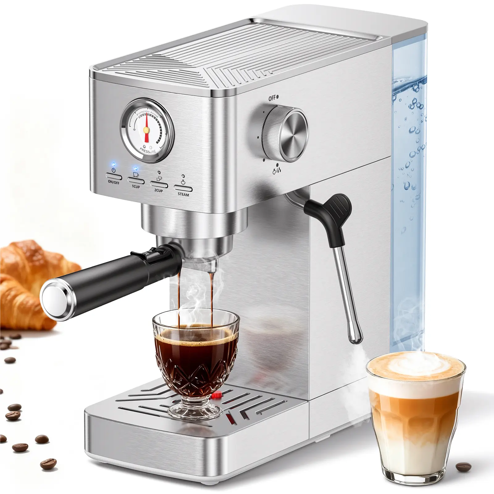 Espresso Machine, 20 Bar Visible High Pressure Gauge, 47 OZ Water Tank with Milk Frorther Silver, Gift for Coffee Machine Enthusiasts