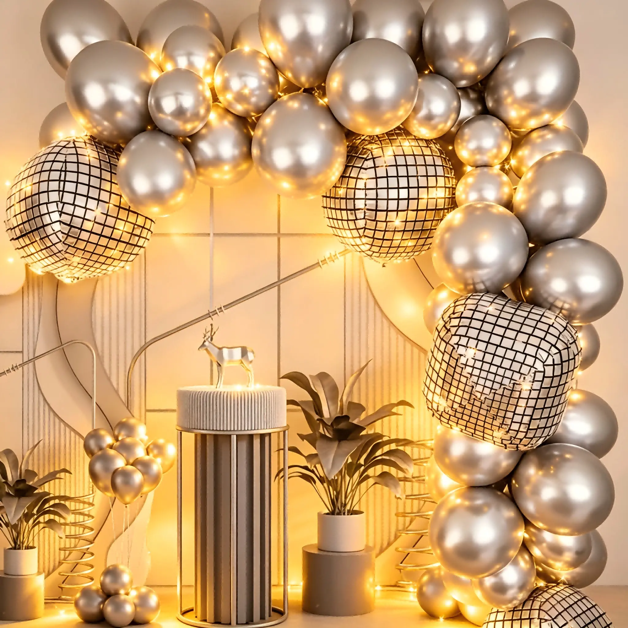 62-Piece Metallic Silver, Gray and White Mixed Balloon Garland Kit - Festive Party Decor Set for Disco Party, Baby Shower, Ideal for Event Planners, Garland Set