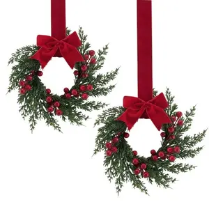 2pcs Artificial Christmas Wreaths, 10-Inch Winter Wreath with Berries and Velvet Bow, Front Door Holiday Porch Wall Decor