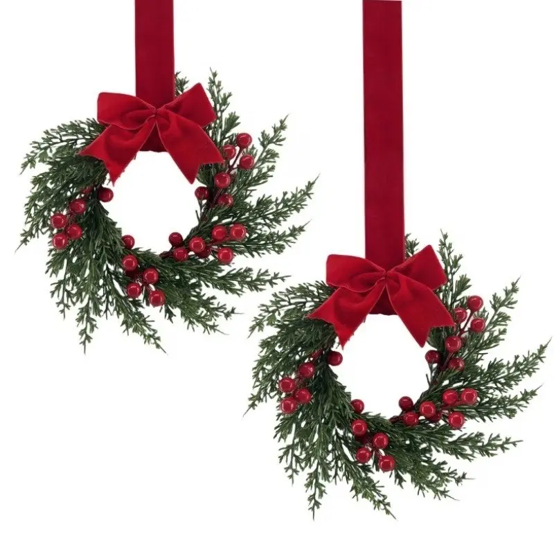 2pcs Artificial Christmas Wreaths, 10-Inch Winter Wreath with Berries and Velvet Bow, Front Door Holiday Porch Wall Decor