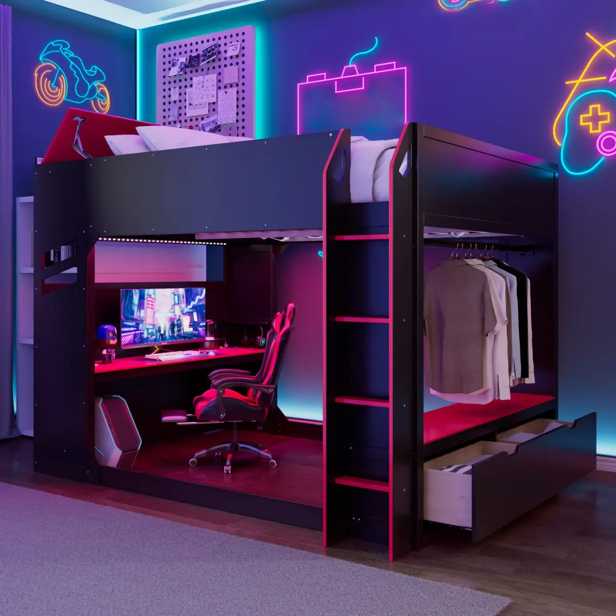 Bellemave Full Size Wood Gaming Loft Bed| Height-Adjustable Desk| RGB Lights| Storage Drawers & Hanging Rod
