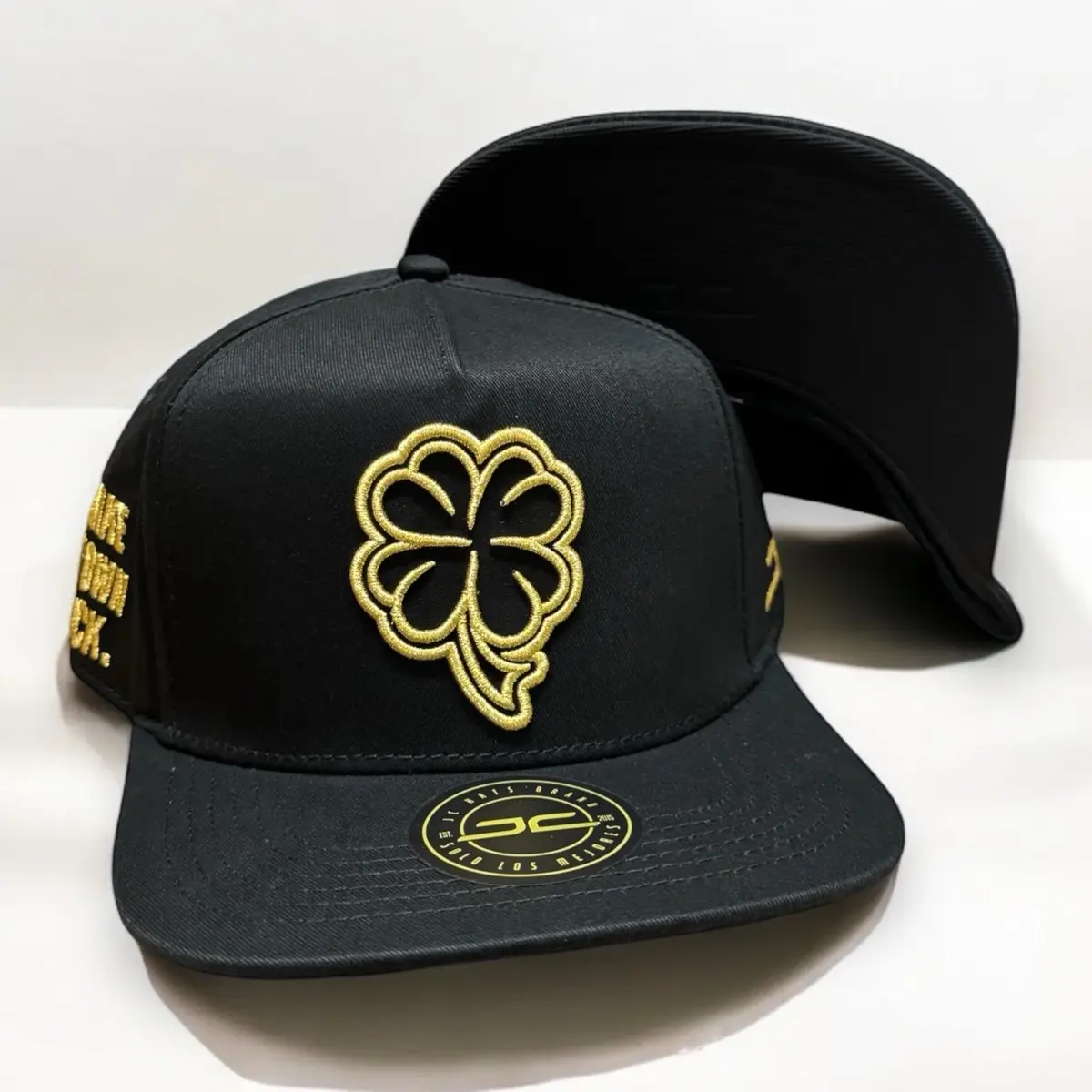 Men's Embroidered Baseball Cap with Gold Clover Luck Symbol - Black Adjustable Snapback with 'I Make My Own Luck' Slogan, Embroidered Cap, Jc Hats, Clover Motif, Baseball Cap Adjustable, Fashion Snapback