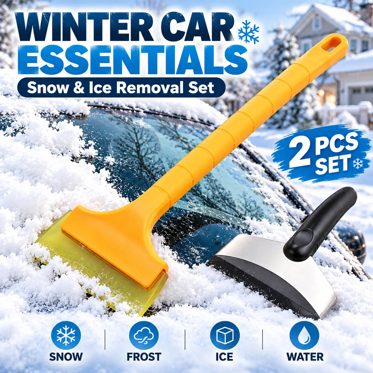 2 Pack Car Ice Scraper & Snow Scraper Set, Windshield Snow Removal Tool with Long Handle, Stainless Steel Ice Scraper for Car Windows, Winter Auto Accessories