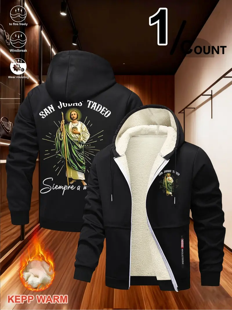 St. Jude Thaddeus Print Fleece Hooded Jacket, Winter Warm Windproof Skin-Friendly Thick Sweatshirt, Long Sleeve Casual H-Type Cartoon Pattern, Heavyweight Fleece Hoodie