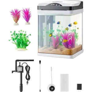 VEVOR Fish Tank Aquarium, 2 Gallon LED Square Ultra-Clear Glass Tank Temperature Monitoring Adjustable 7 Color Lighting, Self Cleaning System Fishbowl for Freshwater & Saltwater Fish Home,Office,Pet