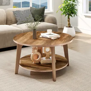 Scandinavian 32'' Round Coffee Table – 2-Tier Wood Living Room Table with Storage, Minimalist Wooden Desktop for Modern Home Decor & Organization,MDF wood feet with an anti-slip design,Thick & Durable Wooden Desktop,31.5''