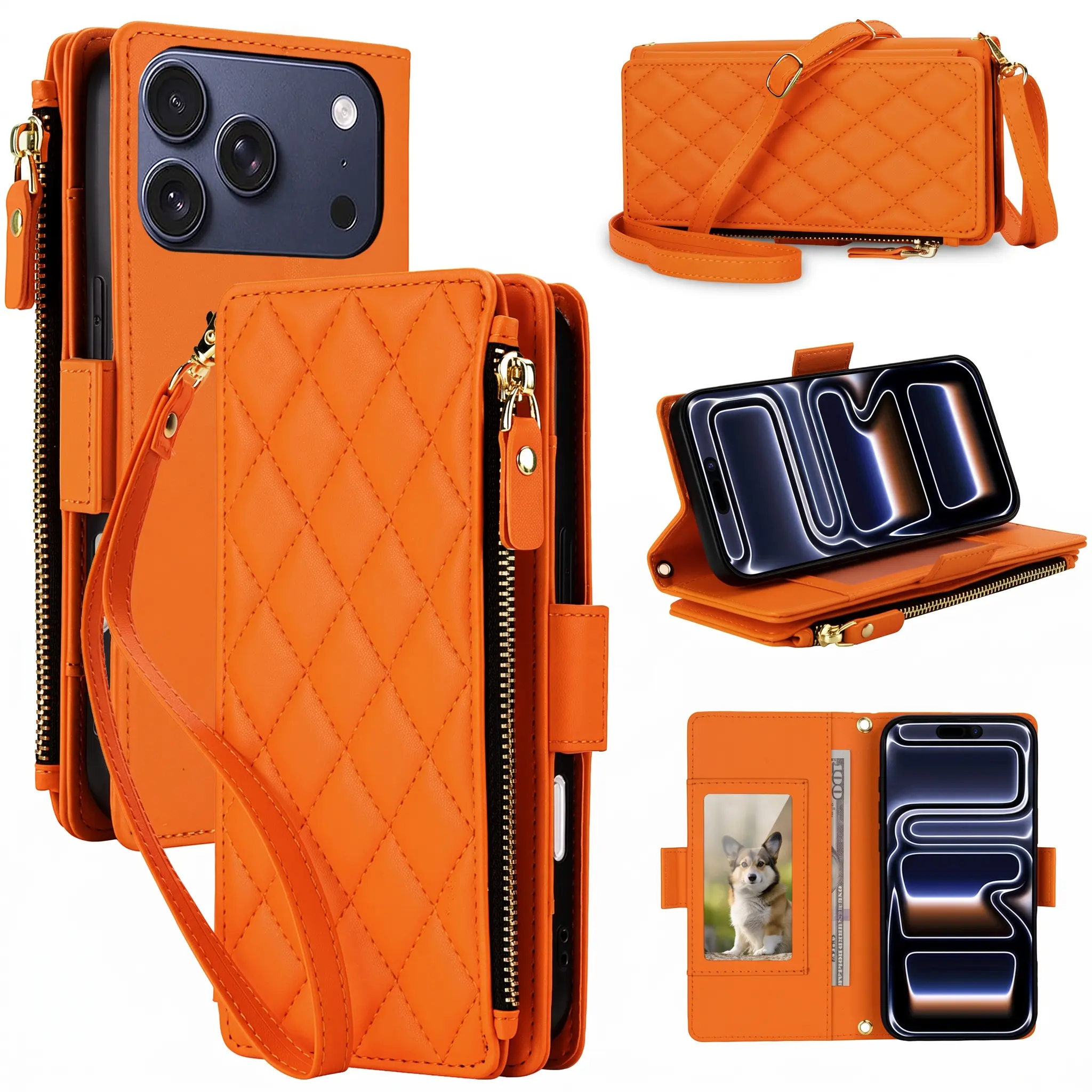 HISTORYOO 9 Cards Slots Holder Wallet Case For iPhone 17 Pro Max 16 15 Plus 14 Pro 13 12 11 Handbag Luxury Large Capacity PU Leather Zipper Cash Coin Purse Bag Flip Kickstand Shockproof Full Body Protection Cover Wristlet Wrist Crossbody Lanyard Strap