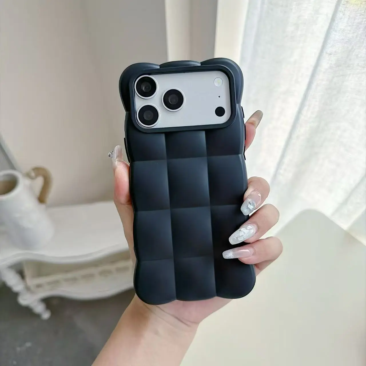 Cute 3D Bear Ear Puffer Phone Case, Soft Silicone Grid Bumper Shockproof Protective Cover for iPhone