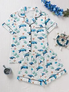 Women's Turtle & Ocean Elements Print Pajama Set, Casual Fitted Short Sleeve Top & Loose Shorts, All Seasons Comfortable Sleepwear Shorts Pyjama Set Sleep Sets
