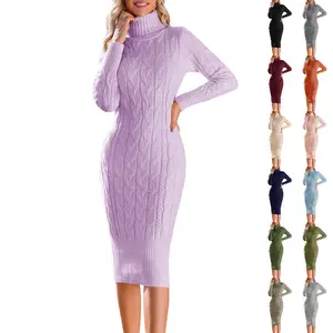 Womens Long Sleeve Turtleneck Sweater Dresses Knitted Bodycon Midi Sheath Jumper Dresses