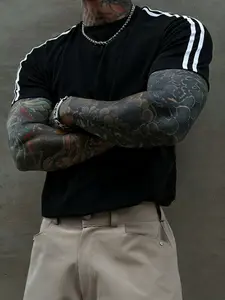 Unisex Y2K street-style short-sleeve T-shirt with double stripes, casual athletic design featuring side sleeves with contrasting stripe patterns, made from skin-friendly, wear-resistant fabric—suitable for various occasions and ideal for casual and outdoo