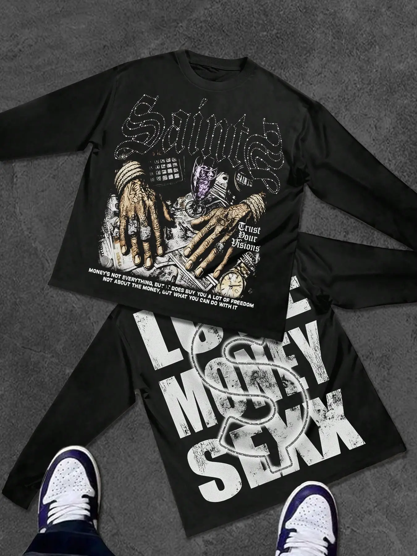 Oversized Streetwear Graphic Long Sleeve T-Shirt - Y2K Gothic Typography & Edgy Hand Print Top | Urban Aesthetic Tee for Concerts & Skate Culture | Unisex Harajuku Graphic Shirt 2026