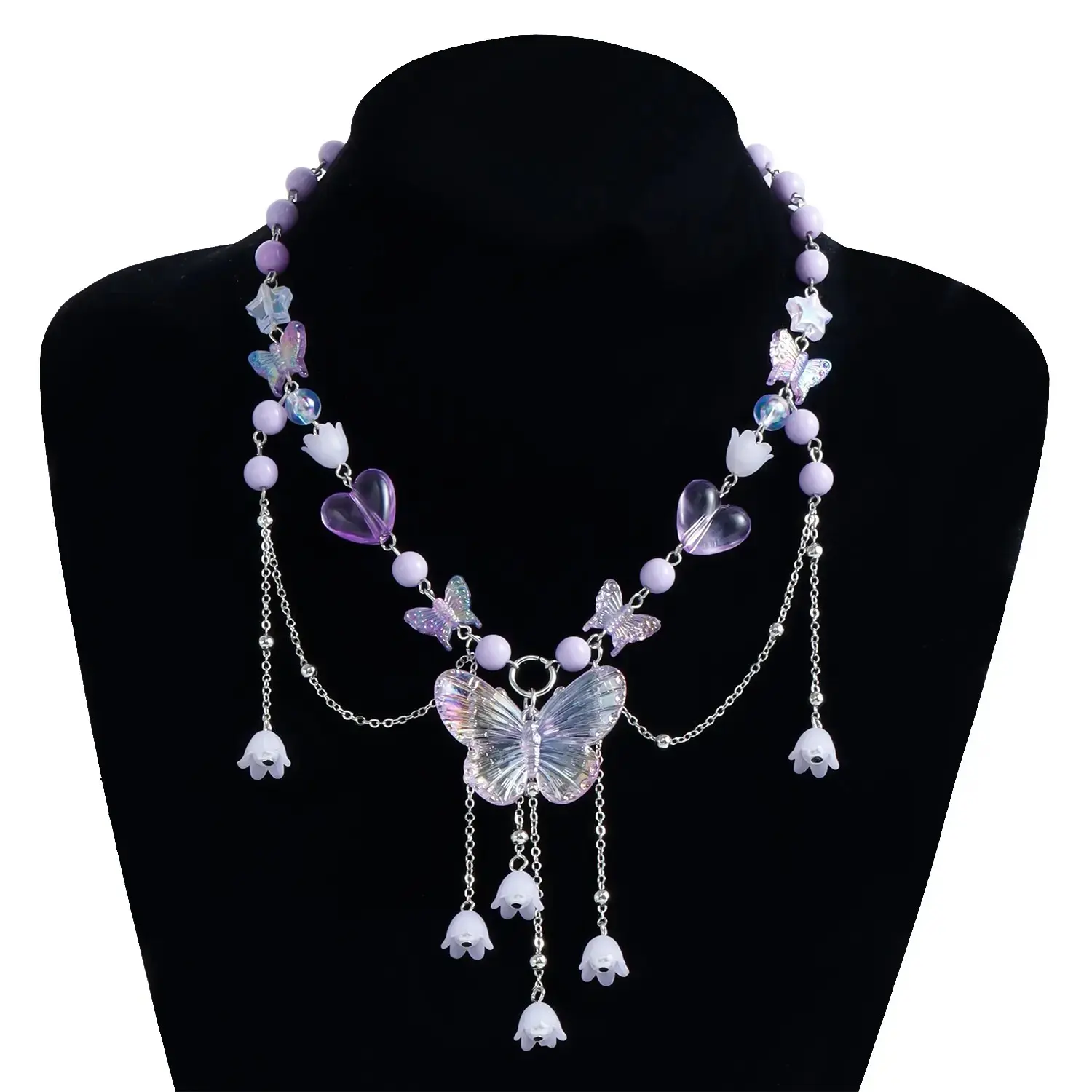 Kawaii Iridescent Butterfly Bell Flower Tassel Choker Fairycore Y2K Beaded Necklace 3 Colors Purple Pink Blue