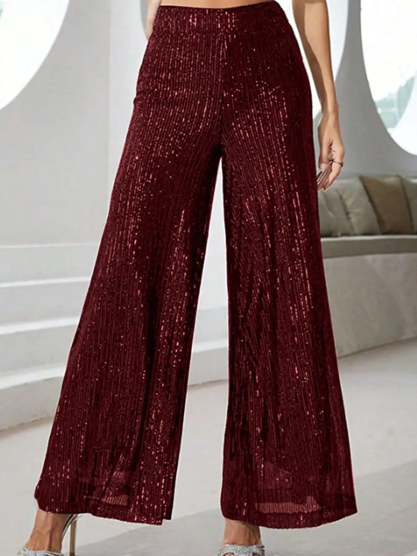 A women's wide-leg version is loose and elegant and inclusive with a good waist elastic design sequin wide-leg trousers, suitable for autumn and winter, suitable for dinner party style, fashionable red carpet style and other styles.