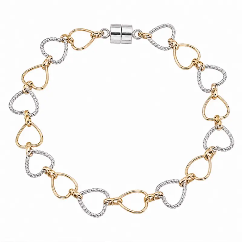 Two Tone Gold Filled & .925 Sterling Silver Chunky Heart Link Bracelet or Anklet, Twisted Rope Heart Links, Waterproof Tarnish-Resistant Everyday Stacking Bracelet