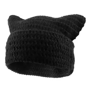 Cat Ear Beanie for Women Men Crochet Knitted Hat with Cute Cat Ears Y2k Winter Slouchy Beanie Versatile Warm Accessory