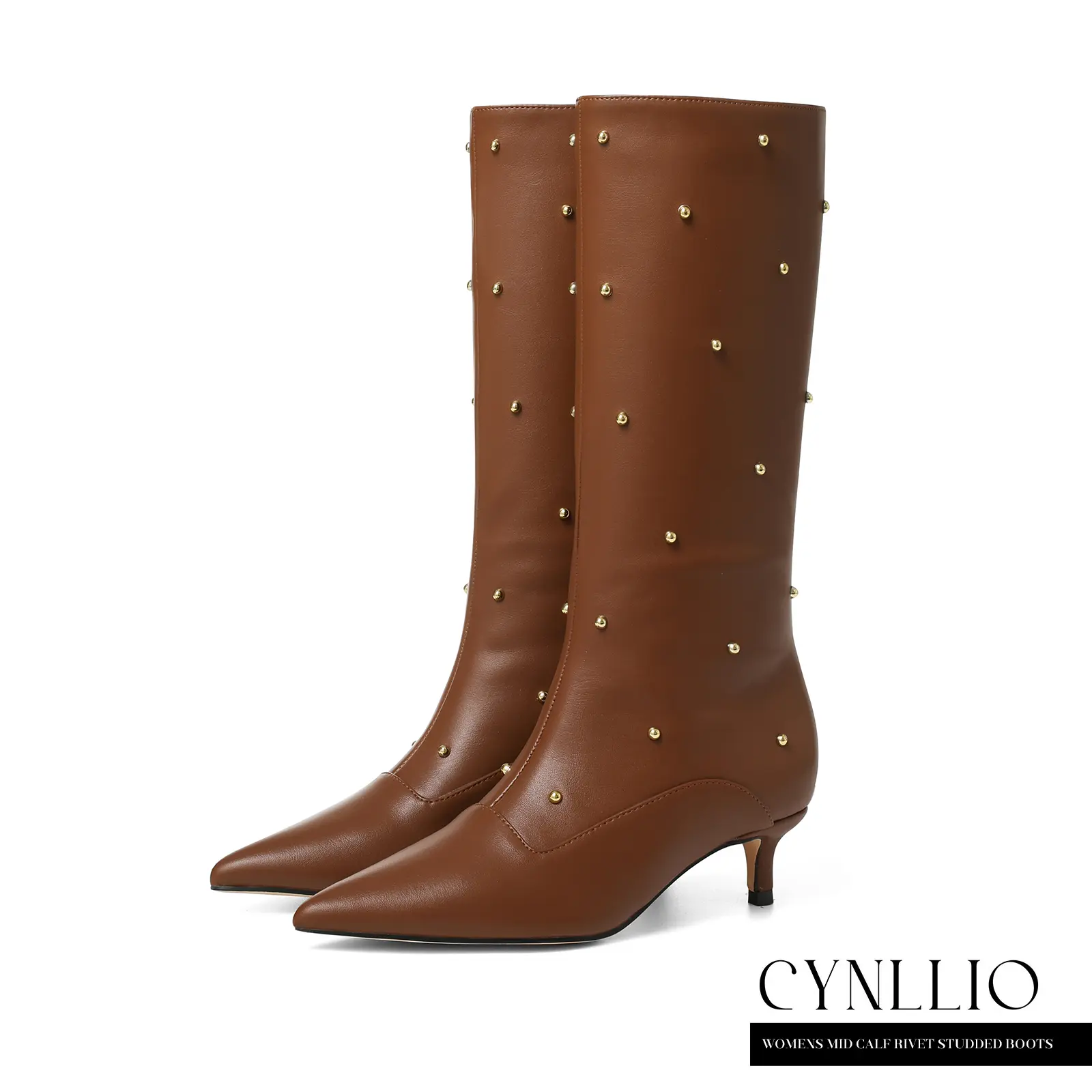 CYNLLIO Womens Mid Calf Boots Pointed Toe Kitten Heel Pull On Comfy Fashionable Rivets Studded Tall Boot Festivals Party Outing Dating Holiday Dress Boot