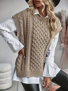 Women's Solid Color Cable Knit Fitted Sweater Vest, Casual Sleeveless Collared Jumper Vest for Daily Wear, Ladies Knitwear for Fall & Winter, Tops