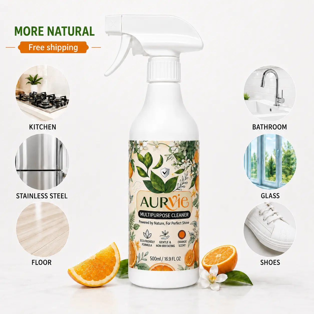 AURVIE All-Purpose Cleaner- 16.9oz Orange Scent,Multipurpose Cleaner Spray, Orange Scent Home Cleaner for Kitchen Grease, Bathroom, Floors, Glass, Cars & Shoesmultipurpose cleaner,all purpose cleaner,cleaning spray,kitchen cleaner,bathroom cleaner,