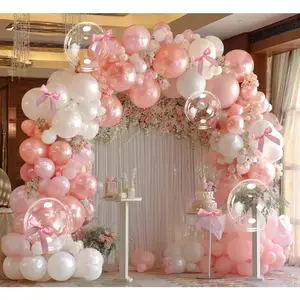 Balloon Arch Kit for Wedding Bridal Baby Shower Girl's Coquette Birthday Decorations Pink White Double Stuffed Pearl White Light Baby Pink Balloon Garland with Bow Clear Bobo Balloons Cream Knot