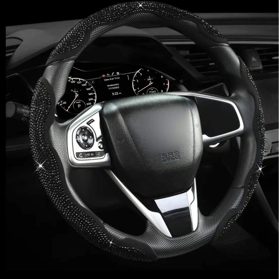 2026 New Product Women's Exclusive Diamond-Inlaid Car Steering Cover Three-Piece Set Segmented Diamond Protection Kit Compatible with All Non-Leather Steering s A Specially Designed Car Accessory for Women Universal Fit with Crystal Rhinestones Carbon Fib