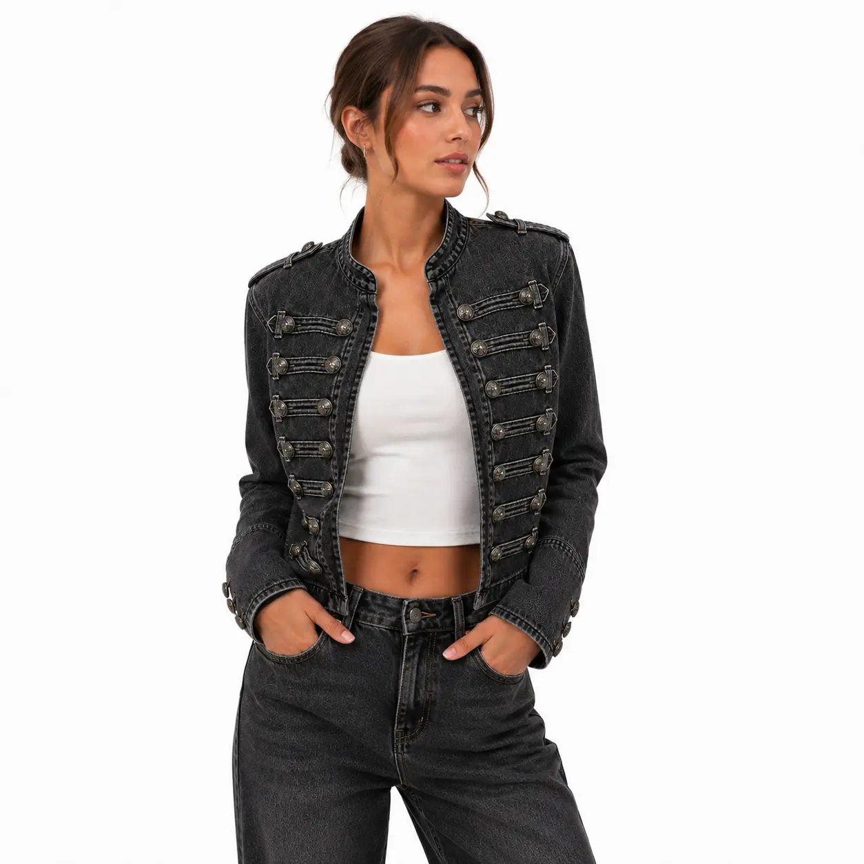 Women's Military Style Denim Jacket Cropped Button Front Jean Jacket Vintage Washed Casual Fashion Coat Long Sleeve Blue Black Gray Chic Everyday
