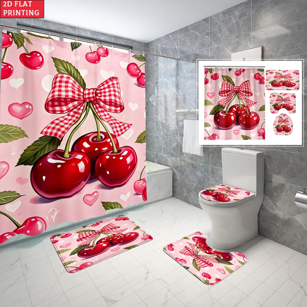 Retro Flannel Waterproof Cherry 2D Flat Pattern Shower Curtain Set with 6/12 Hooks, Non-Slip U-Shaped Toilet Lid Cover Pad, Bathroom Full Set, Room Accessories for Living Rooms, Wall Mounted Holiday Gift Decor, Cherry Decor