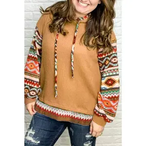 Waffle Texture Aztec Accent Plus Size Hoodie