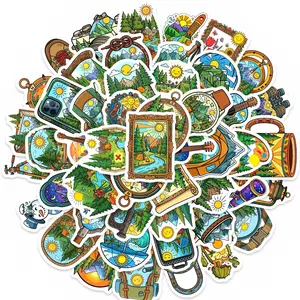 50 Pcs Outdoor Camping Adventure Stickers, Mountain River Tent Campfire Travel Scenery Container Material Stickers