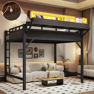 Ful size Loft Bed Frame with Storage Shelves and Pegboard, Metal Loft Bed with USB Ports and LED Lights, Safe and Sturdy, Black