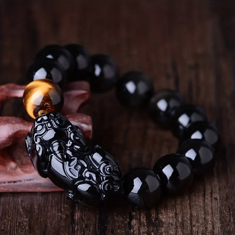 Unisex Natural Obsidian Pixiu-Tiger Eye Stone Feng Shui Wealth Bracelet, Jewelry Accessory for Attracting Wealth and Good Luck