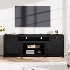 Garvee Farmhouse Style Entertainment Center for Large Screens up to 80 Inches, 70" Long TV Stand with 4 Storage Drawers and 3 Open Shelves, Black Console for Living Room or Bedroom