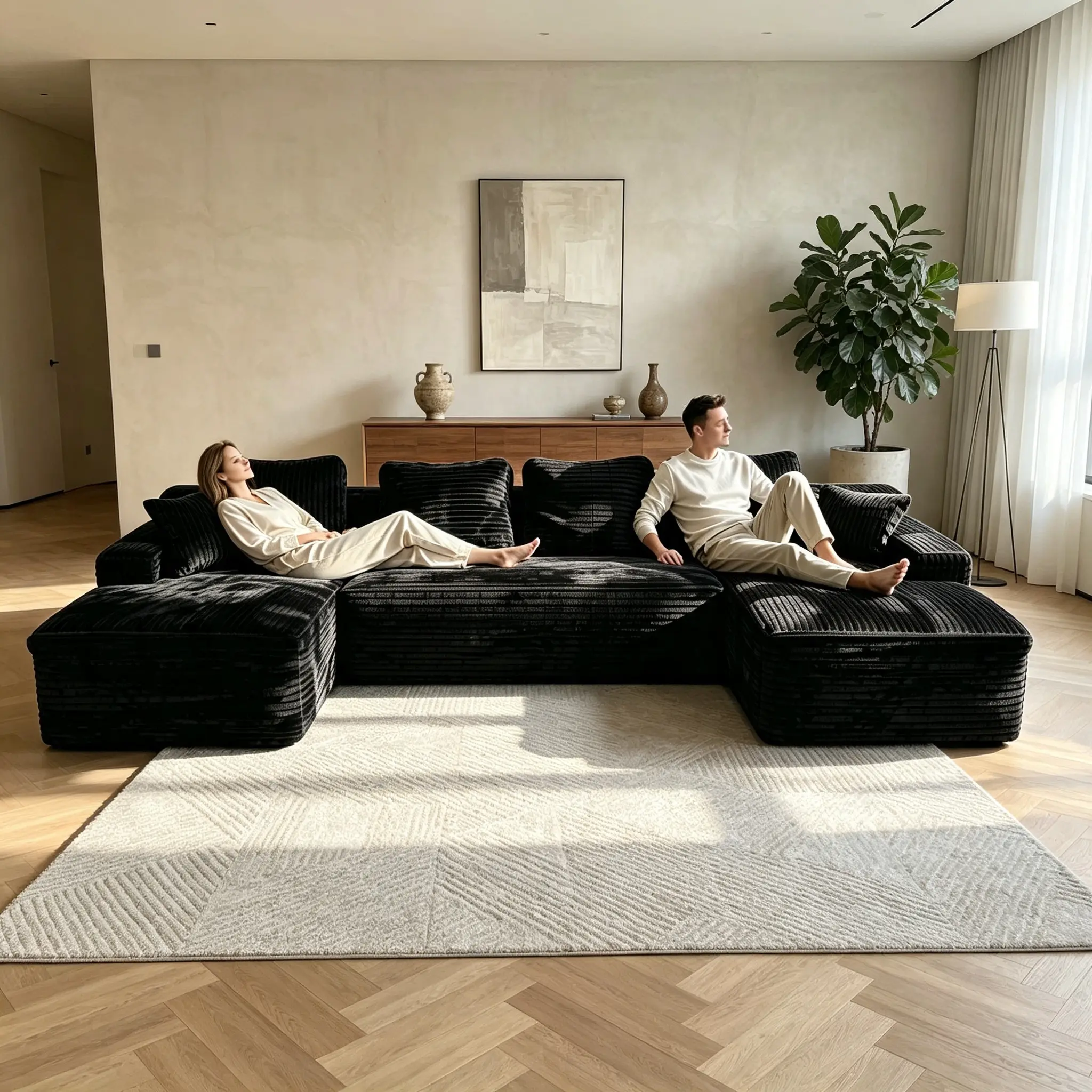 131" U-Shape Cloud Sectional Sofa Modern Modular Couch. Frameless Boneless Design, No Assembly Required, Gray Color, 2 Packages, Multi-Functional Recliner Guest Bed Floor Mat, Living Room Bedroom.